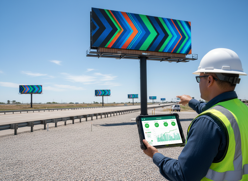 Roadside digital billboard maintenance and monitoring setup with a technician reviewing display status outdoors near a highway at daylight