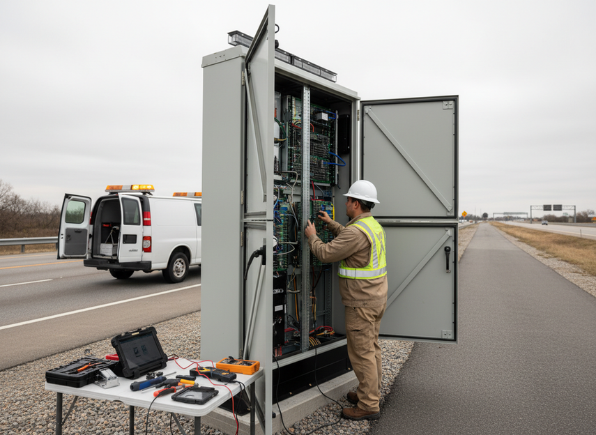 Technician inspecting an outdoor LED display cabinet access point at roadside level during service work