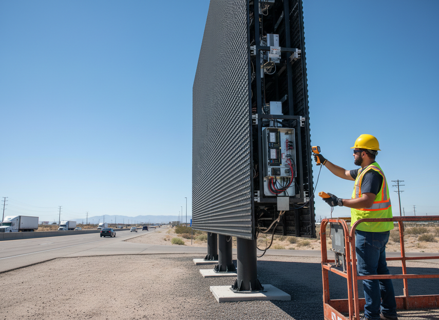 Outdoor roadside LED display seen in strong sun with a thermal and energy efficiency concept using monitoring equipment nearby
