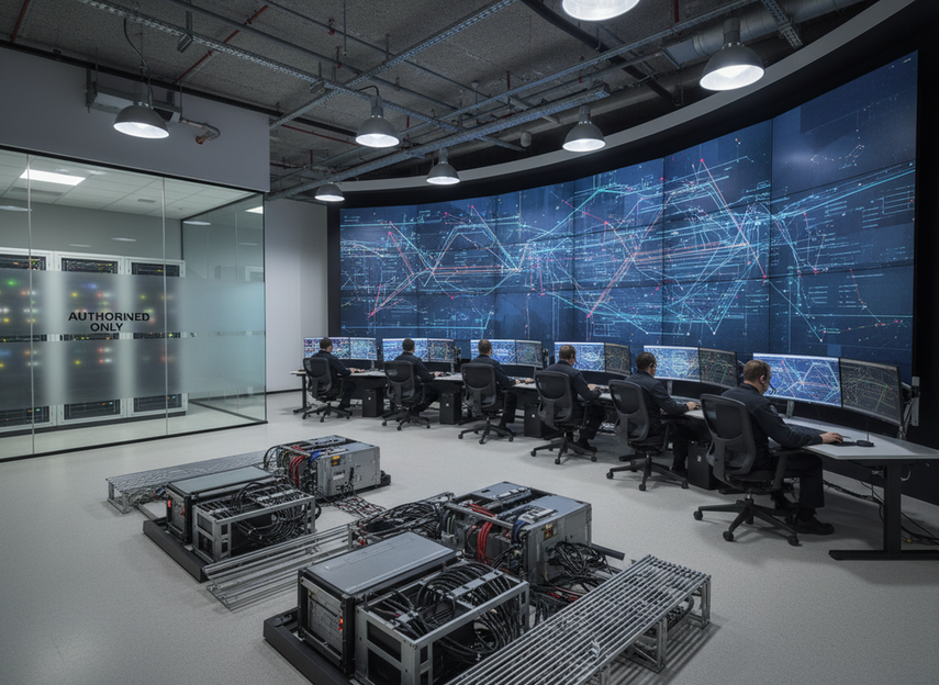 Mission control room with a large LED video wall, operators at consoles, and visible network/security planning on nearby screens