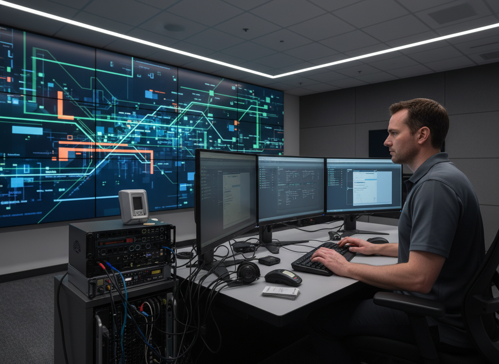 Technician configuring a command center LED wall from a secured control workstation in a networked operations room