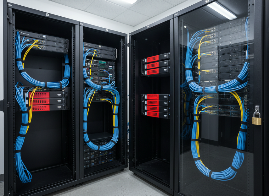 Close view of segmented network equipment and a display control path in a secured equipment room