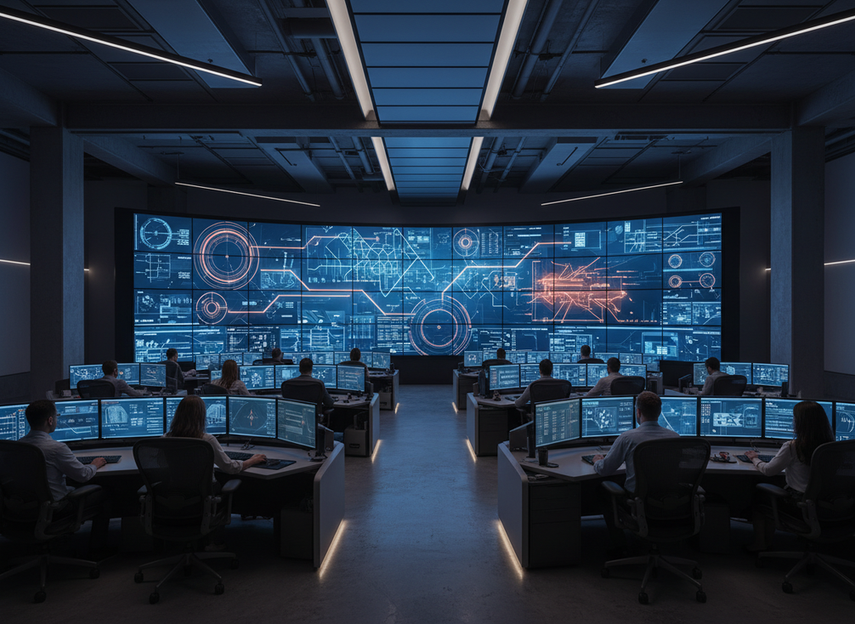 Modern mission control room with a large LED command wall showing operational dashboards and facility status screens