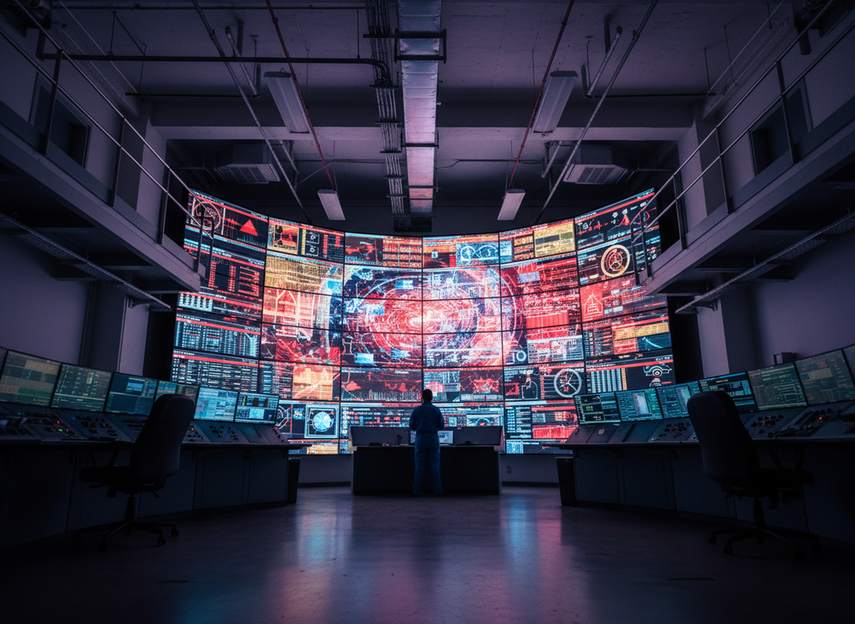Control room technician viewing a large LED wall connected to SCADA and BMS visualization workflows