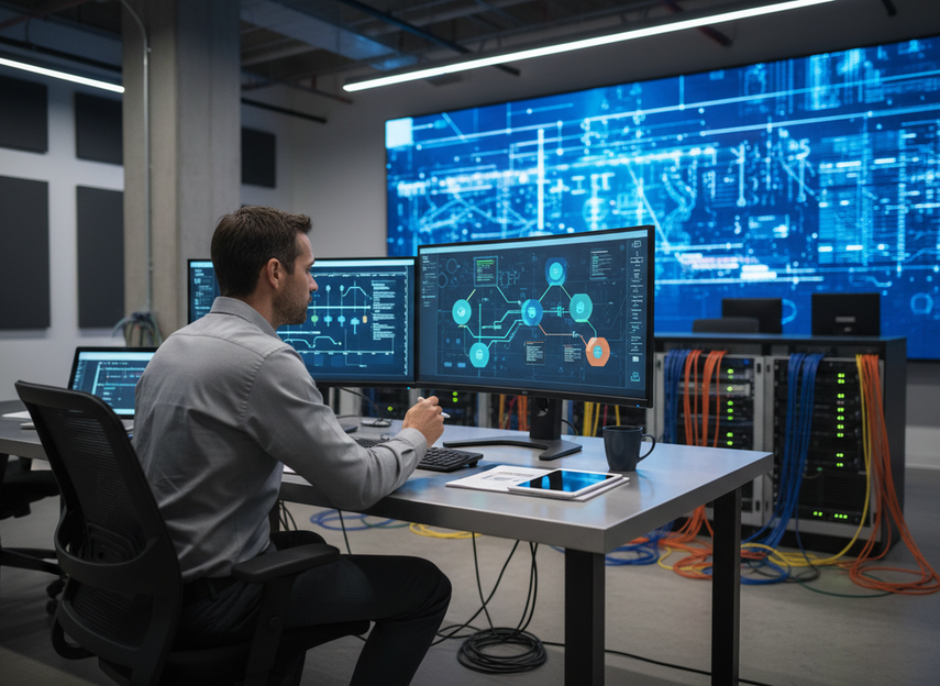 Engineer comparing integration architecture on a planning screen next to an LED command wall in a technical operations room