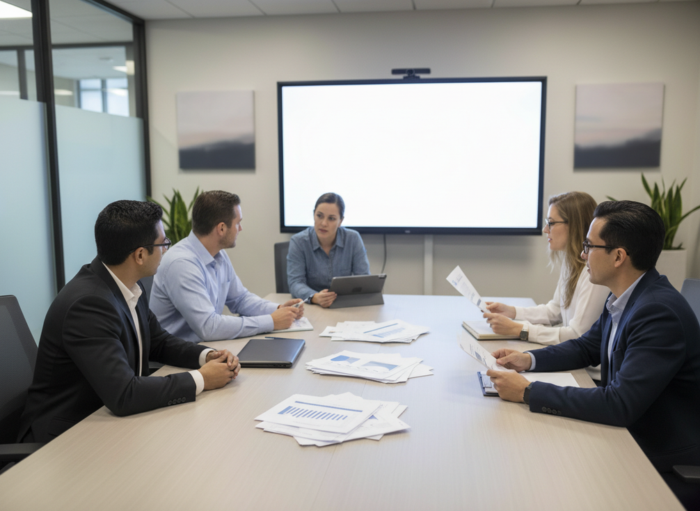 Public sector procurement team reviewing LED display project documents in a meeting room