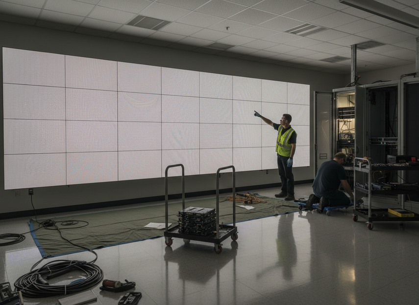 Technician and facility manager inspecting a large wall-mounted LED display in a control room