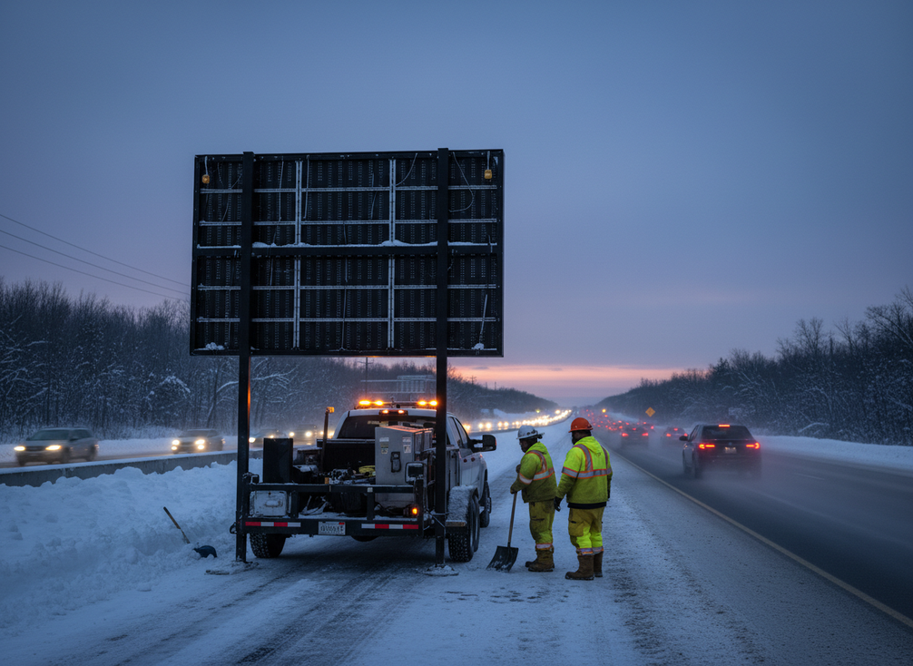 Highway VMS trailer on a snowy roadside with maintenance crew checking the unit
