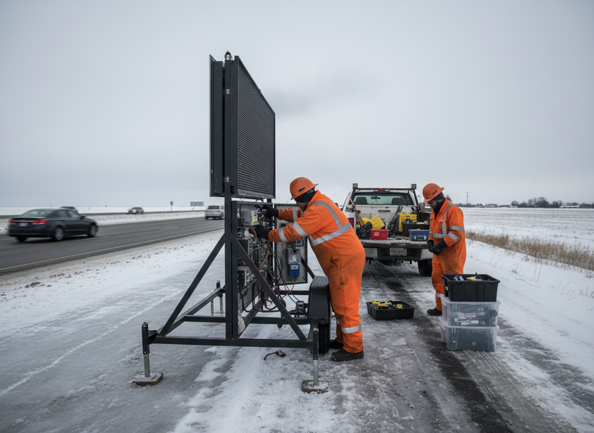 Portable highway VMS trailer being serviced beside an icy shoulder with tools and spare parts nearby