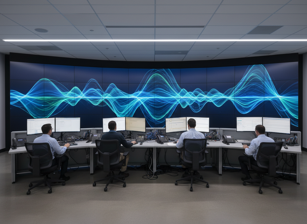 COB fine-pitch LED video wall in a modern control room with operators nearby and a protected display surface