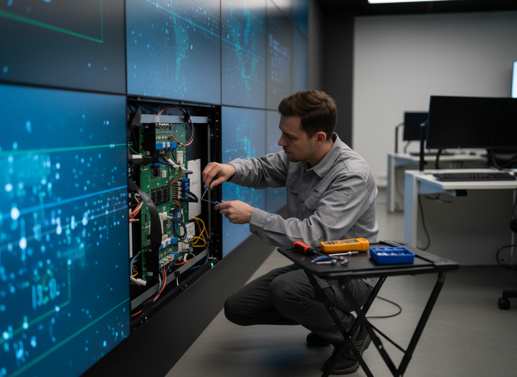 Front-service fine-pitch LED wall panel being accessed by a technician in a tight control room
