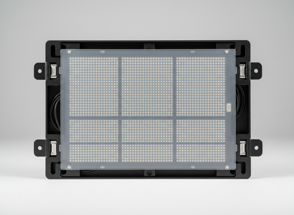 Fine-pitch LED display cabinet detail with emphasis on protected surface and modular construction for 24/7 operation