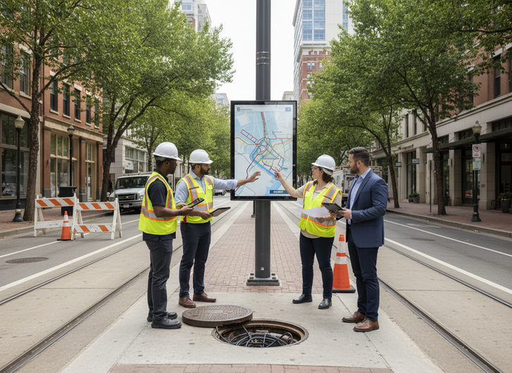 City staff reviewing a pole-mounted digital display installation plan with utility coordination and permit documents at a street site