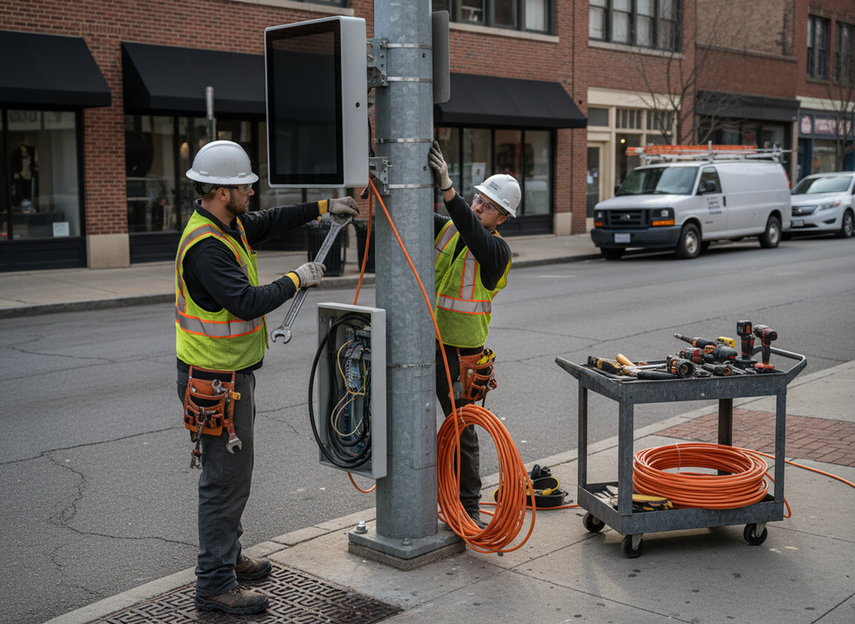 Technician checking the mount, conduit route, and power connection for a pole-mounted LED display before installation