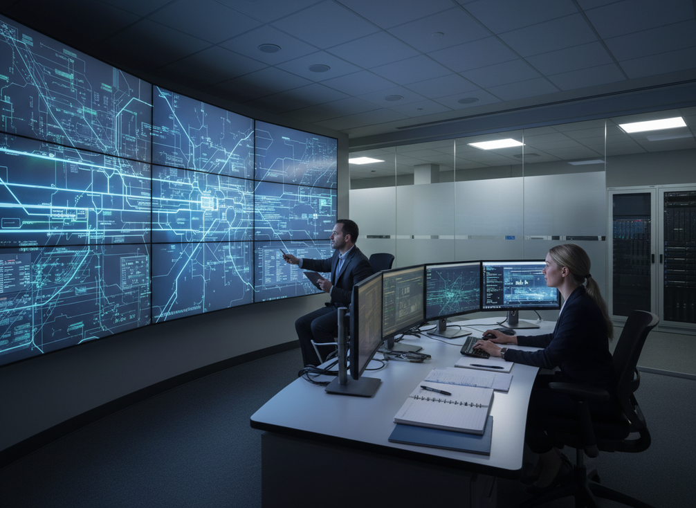 Municipal IT and operations staff reviewing security settings for a connected pole display in a control room