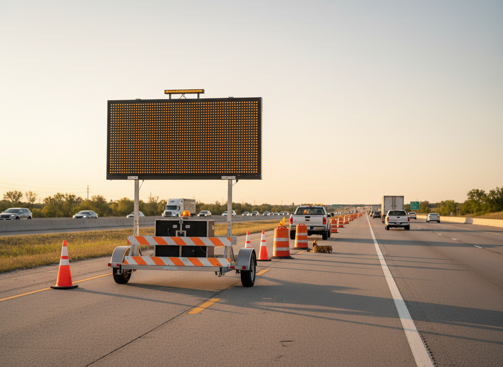 Portable VMS trailer set up on a highway shoulder beside an active work zone at dusk
