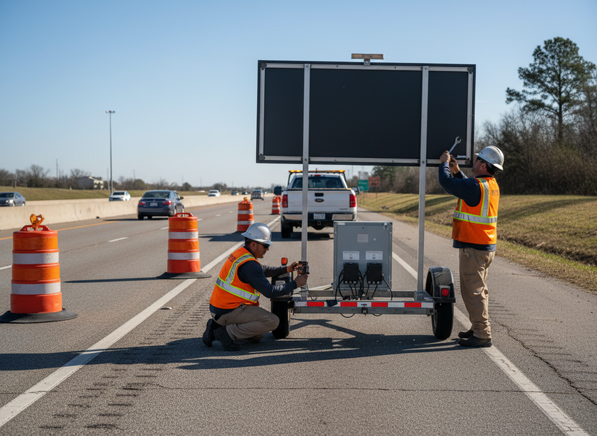 Worker inspecting a portable VMS trailer near a lane closure before night work