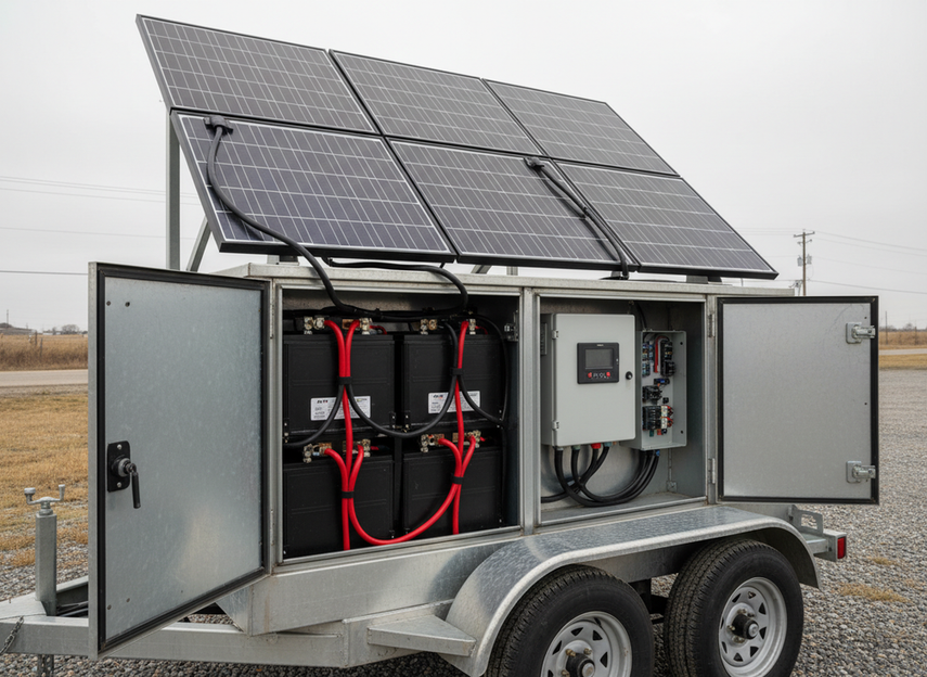 Portable VMS trailer battery and solar setup staged for an overnight work zone