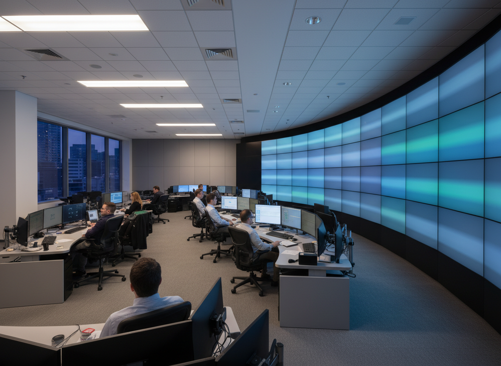 Command center operators viewing a large LED video wall from seated workstations in a modern control room
