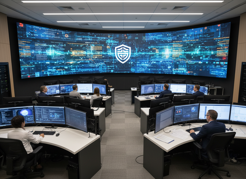 A mission control room with a large LED video wall behind operators during a procurement review meeting