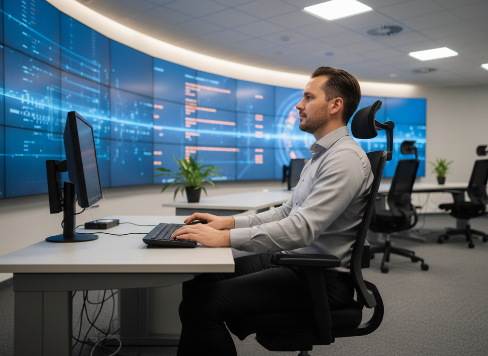 Control room operator seated at a console with a large LED wall viewed from a slight side angle in a dim, professional command center