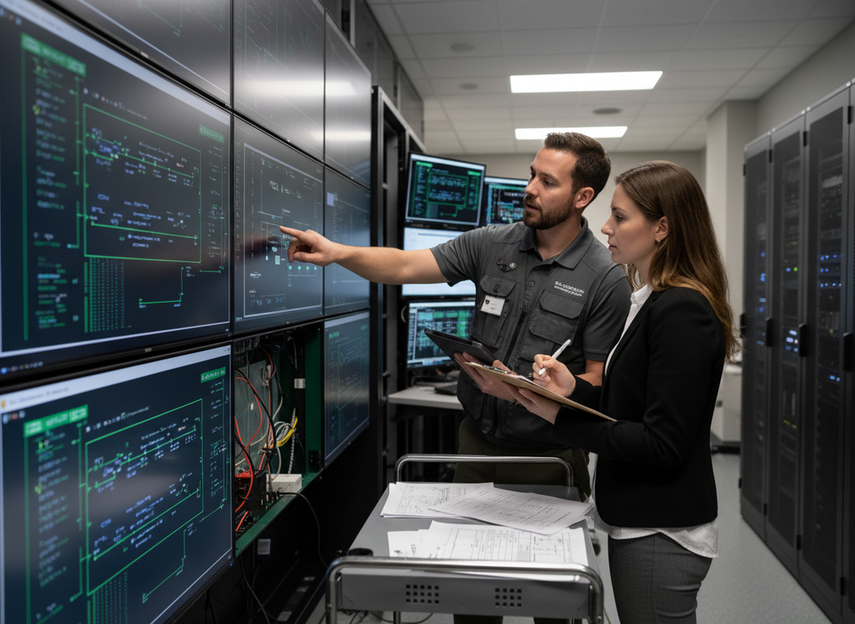 A technician inspecting a large LED video wall installation in a control room while holding documentation for review