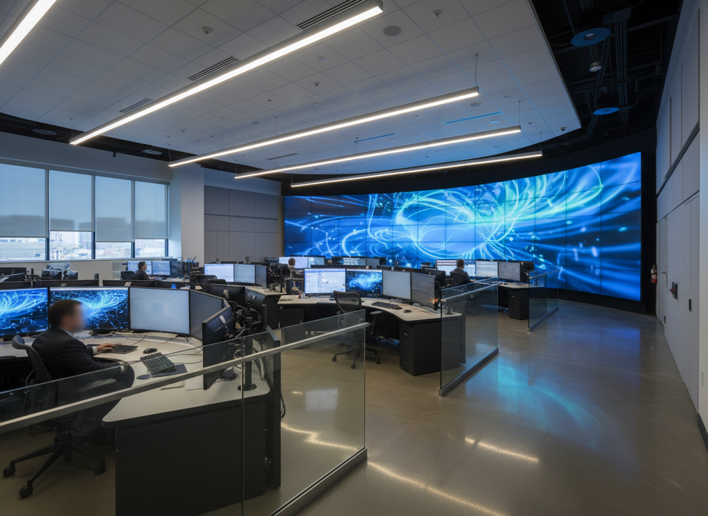 Wide command center scene showing reflections from overhead lighting on a large LED wall and nearby console surfaces in a 24/7 operations room