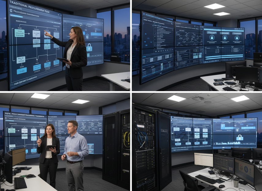 A split-scene style view of two similar control room display systems being compared for compliance and sourcing review