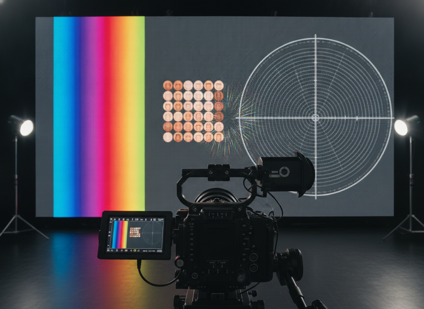 Camera test for moiré and color on a virtual production wall