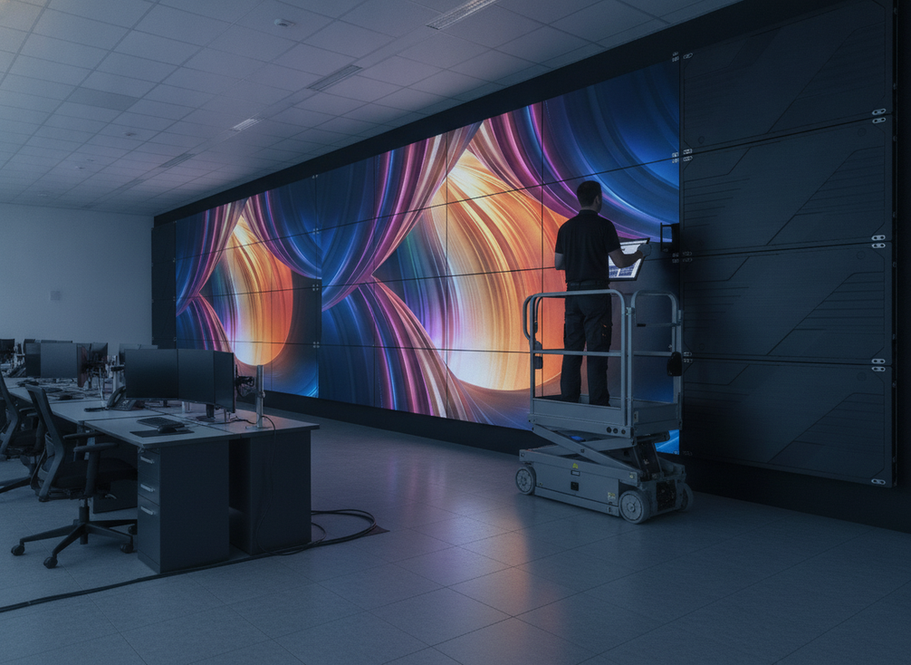 Technician inspecting a 24/7 command center LED wall for service access, seam alignment, and maintenance checks