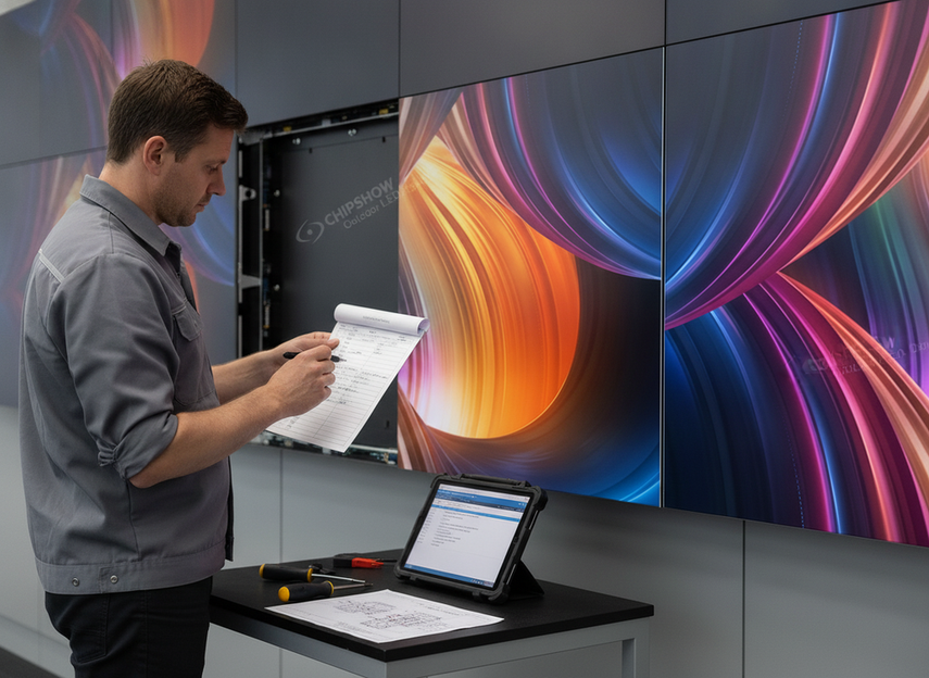 A control room LED wall maintenance checklist beside a technician examining modules and service access
