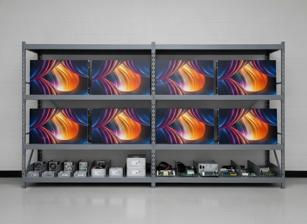 Spare LED modules, power supplies, and controller parts organized for a 24/7 video wall maintenance plan