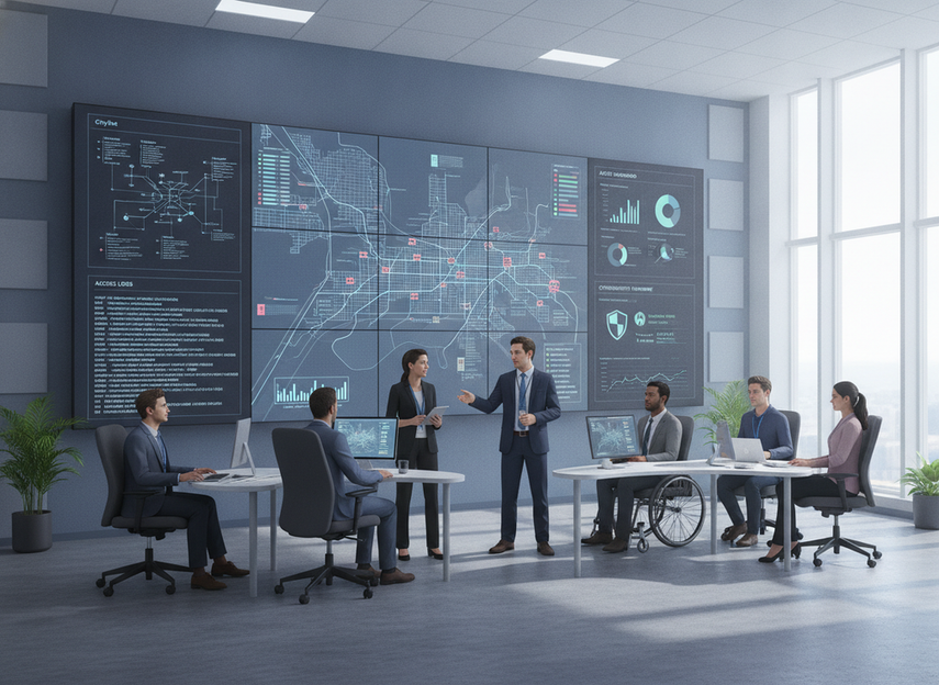 Municipal operations team reviewing a connected LED display system and network controls