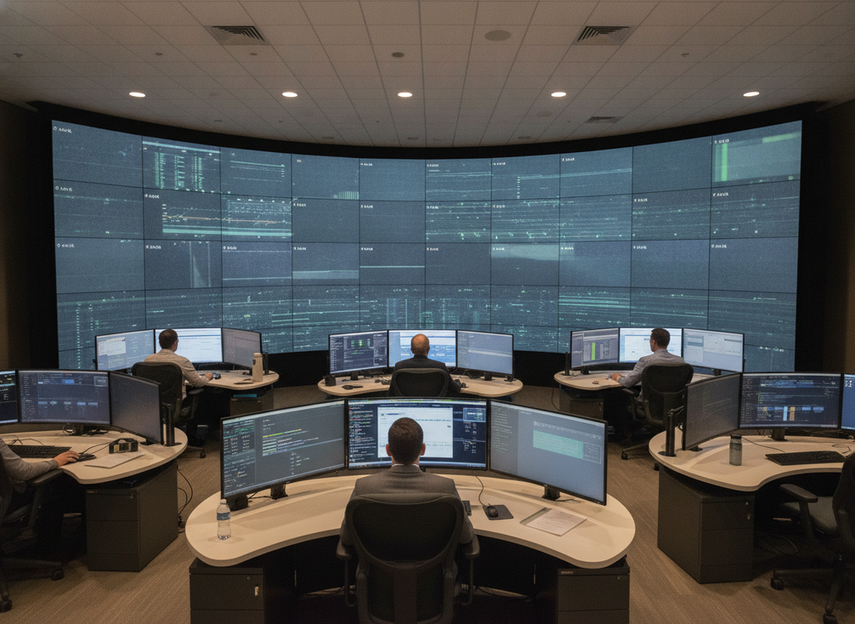 Control room LED wall viewed from multiple operator seats with controlled lighting