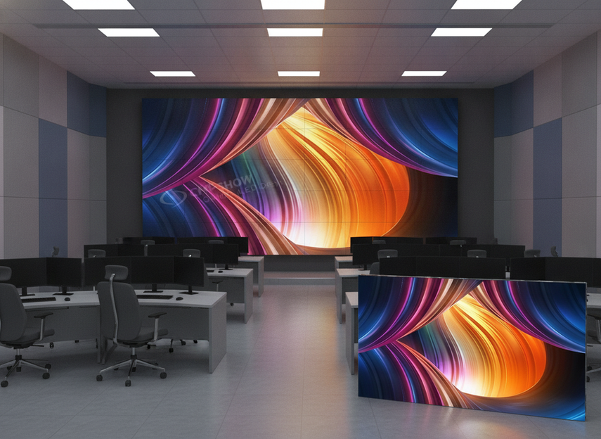 Operator view of a fine-pitch COB video wall in a wide-seating control room