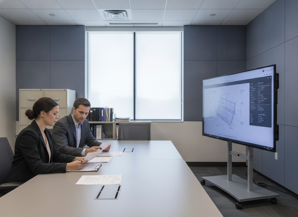 Government procurement team reviewing TAA documents for an LED wall purchase