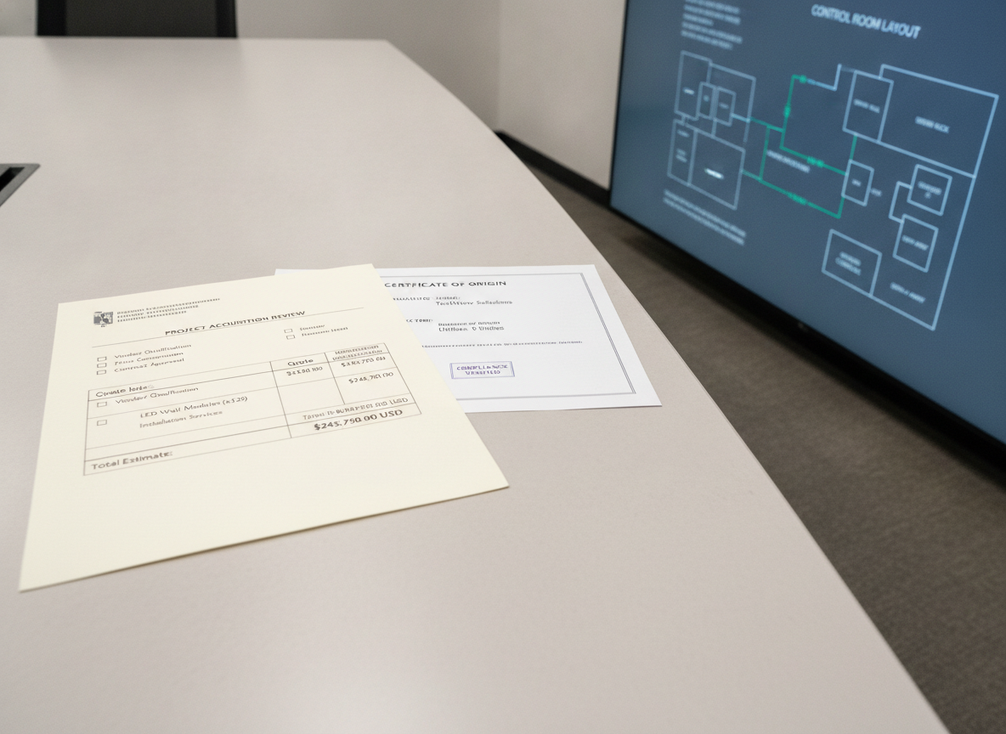 Compliance checklist beside a command center LED wall procurement file