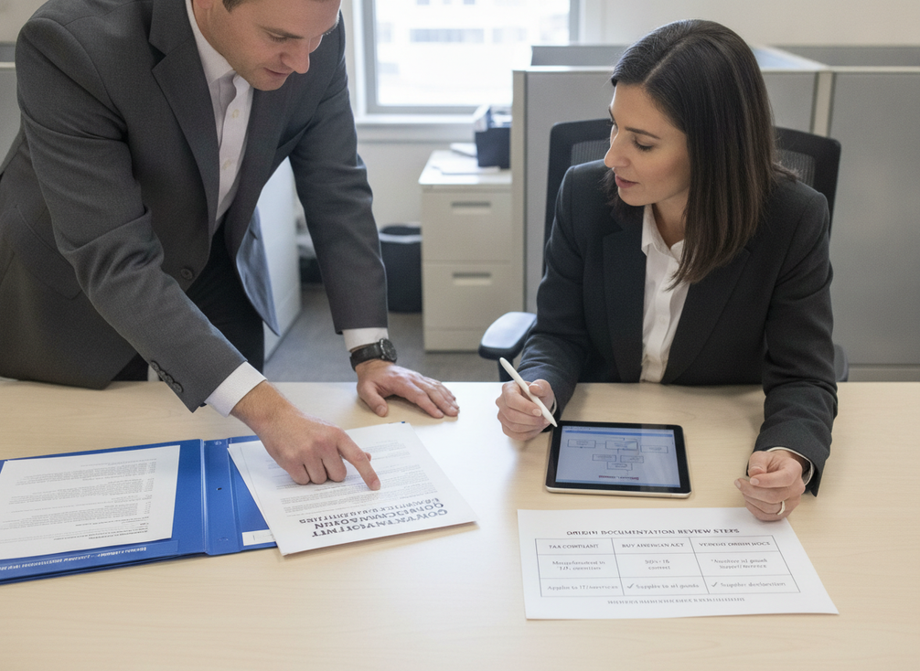 Procurement team comparing TAA and Buy American review steps for an LED wall