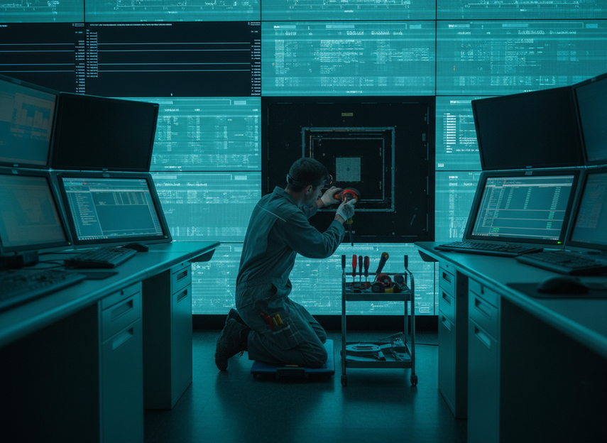 Technician checking front-access LED module removal in a control room