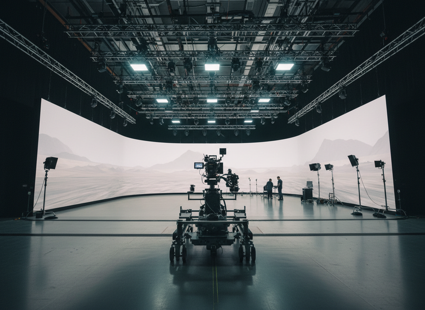 XR LED volume stage with a large LED wall, camera, and tracked shooting setup in a studio