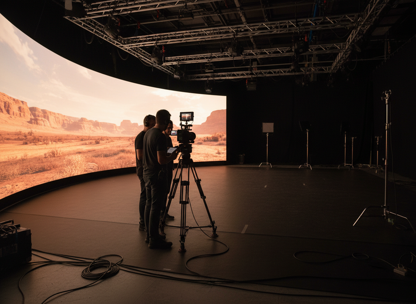 XR stage setup with camera positioned at a measured distance from an LED wall while technicians check framing and tracking clearance