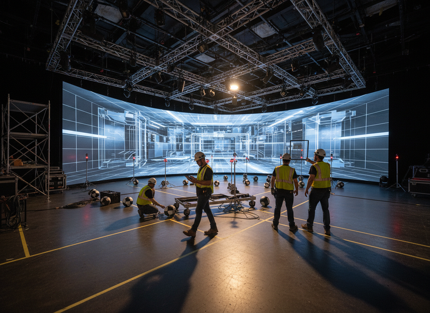 Camera and tracking markers being aligned on an XR stage beside an LED wall with clear sightlines and rigging clearance