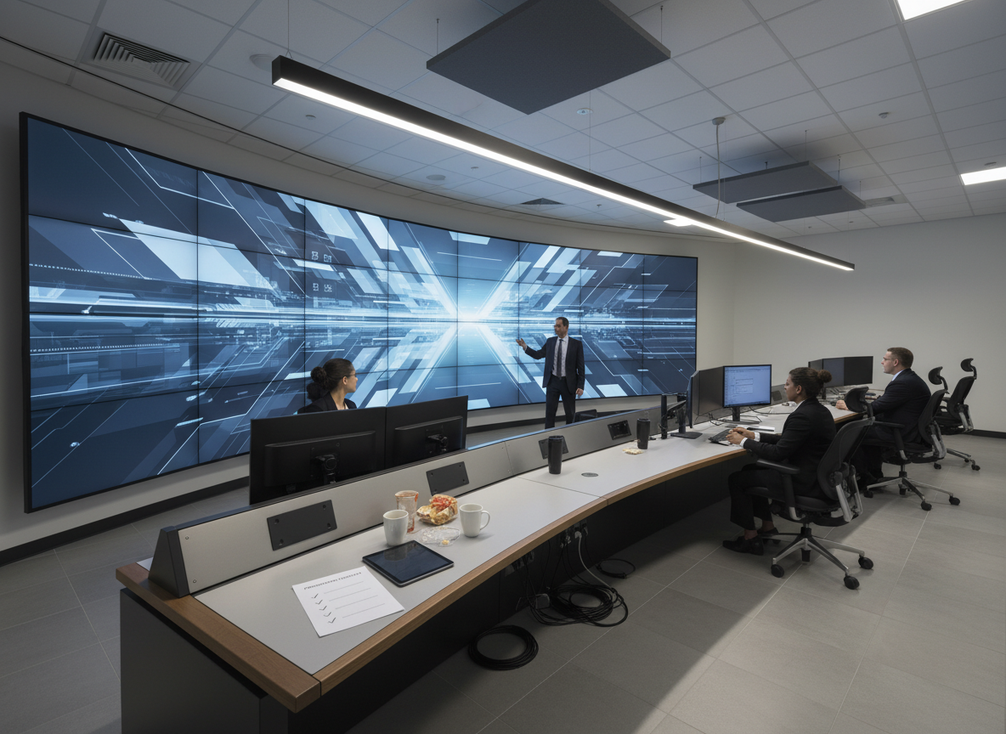 Mission-critical LED video wall in a modern control room with procurement checklist paperwork on a desk, broad editorial view