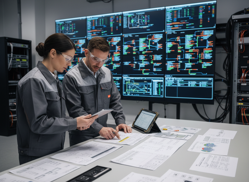 Technician and procurement manager reviewing LED supplier documents beside a large display wall in a control room
