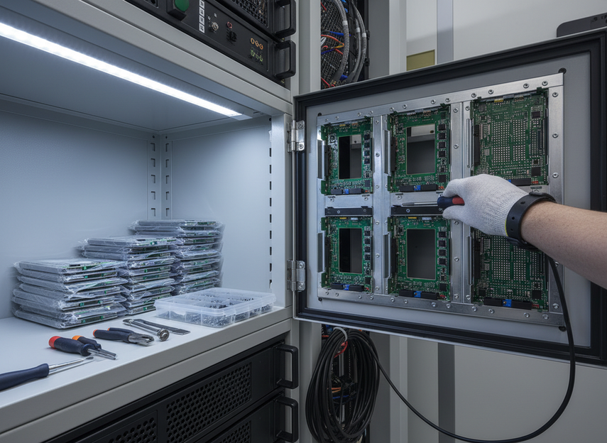 Close-up of spare parts, service tools, and maintenance access for a mission-critical LED wall installation
