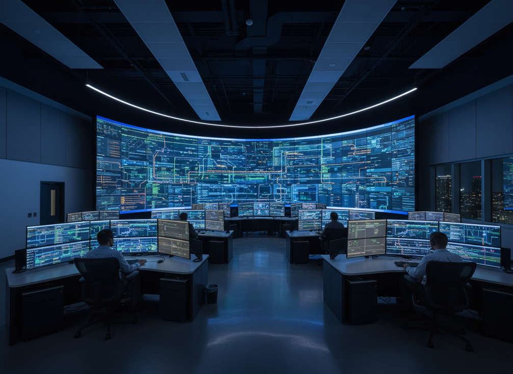 A modern control room LED wall in a 24/7 operations center with operators at consoles and multiple live data feeds.