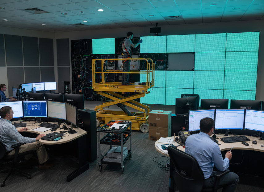 A technician servicing a control room LED wall from the front while operators continue working nearby.