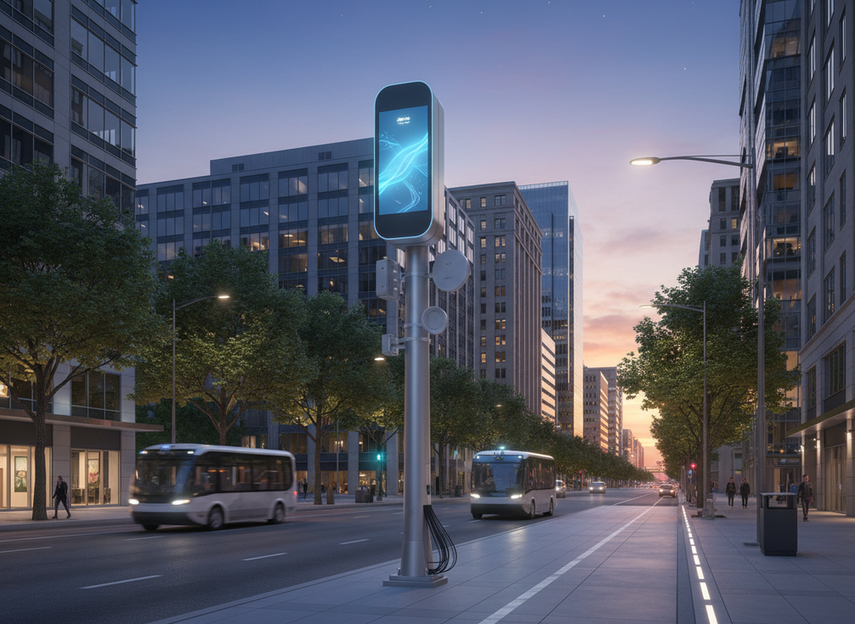 Smart city LED pole in an urban streetscape with emergency alert display capability and mounted network equipment
