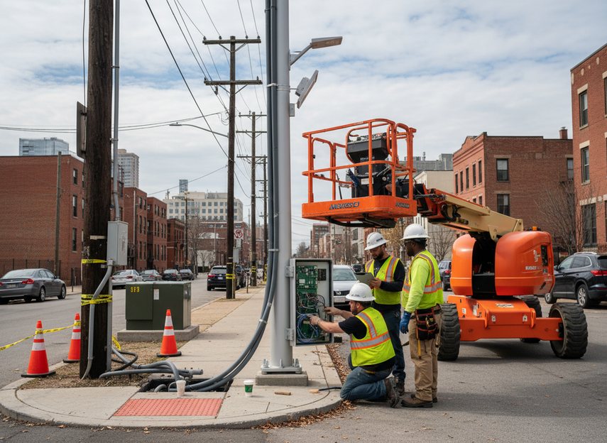 Municipal crew evaluating a smart pole installation site with a lift, utility access area, and connected street hardware