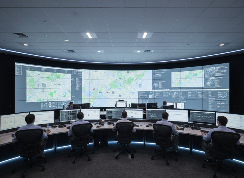 Mission-critical control room with a large fine-pitch LED video wall behind operators at work, showing a modern 24/7 monitoring environment